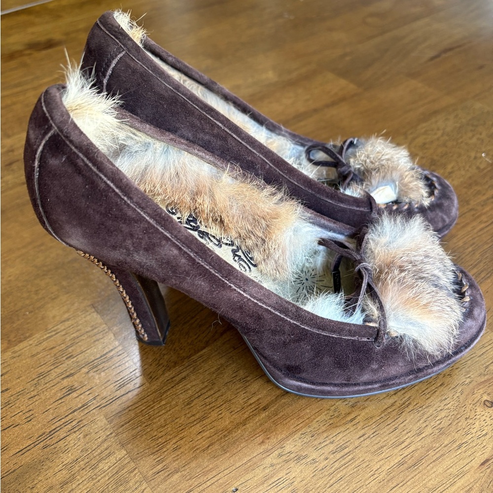 Naughty Monkey Brown Suede Heels Faux Fur Sexy